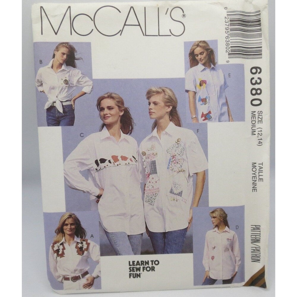 McCall's 6380 Misses' Shirt Blouse Size M (12,14) 1990s Applique Learn